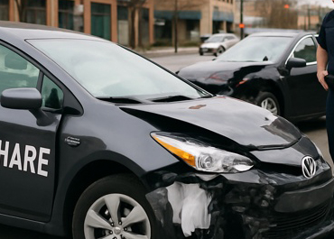 Damaged front end of a gray rideshare vehicle after a collision, Secrets Of Rideshare Accident Cases.
