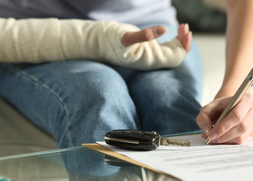 Person with a cast signing legal papers with a lawyer present, Maximize Your Compensation After An Accident.